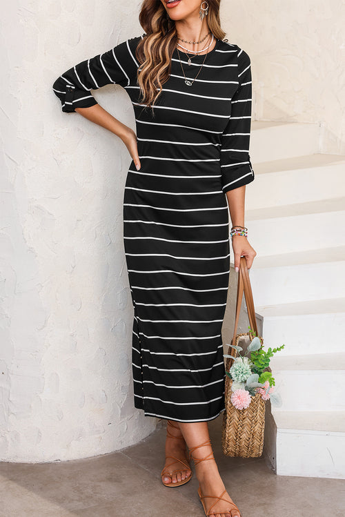 Raven Striped Elegance Long Dress: Timeless Sophistication