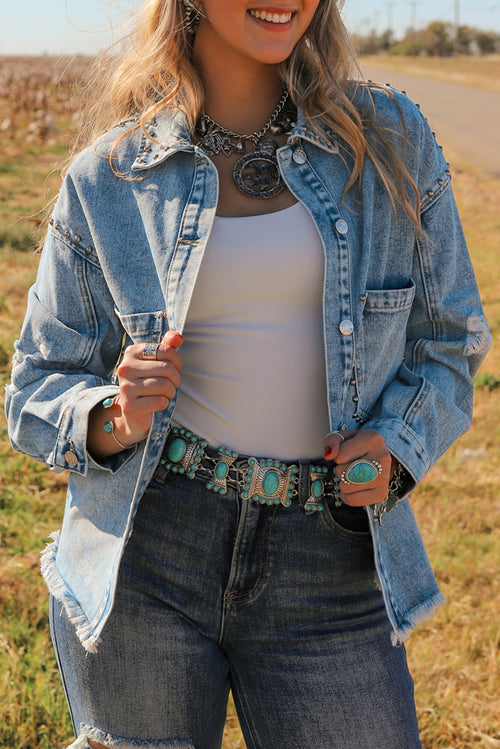 Sky Blue Studded Denim Jacket: Autumn Essential!