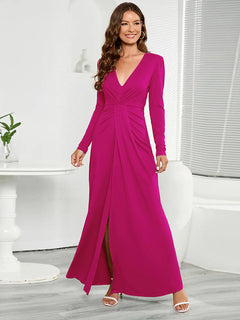 Elegant V-Neck Long Sleeve Split Dress