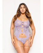 Floral Lace And Mesh Cami W/attached Garters & Thong - Lavender Qn