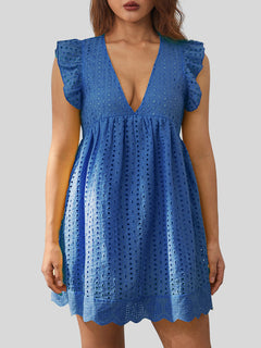 Eyelet Ruffled Mini Dress with Cap Sleeves