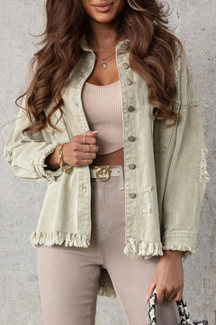 Green Distressed Denim Jacket with Fringe Trim