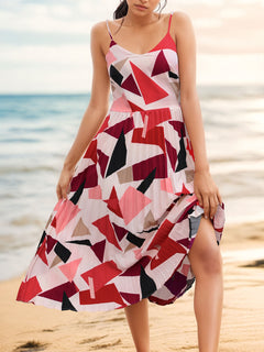 Geometric Pleated Spaghetti Strap Dress