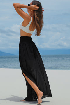 Black Shirred High Waist Chiffon Split Beach Maxi Skirt