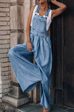 Plush Indigo Distressed Wide-Leg Overall