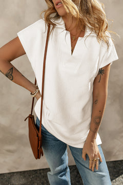 Apricot Textured V Neck Collared Short Sleeve Top