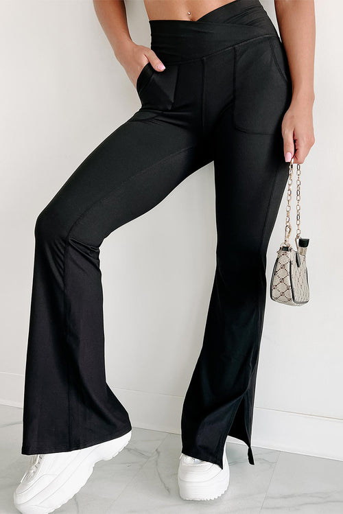 Flared Black Leggings: Chic Cross Waist Split-Hem