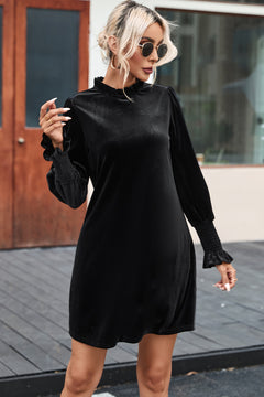 Elegant Black Velvet Frill Neck Shift Dress