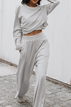 Light Grey Solid Criss Cross Crop Top and Pants Active Set