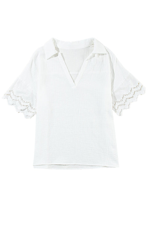 White Crinkled Lace Splicing Sleeve Collared V Neck Blouse