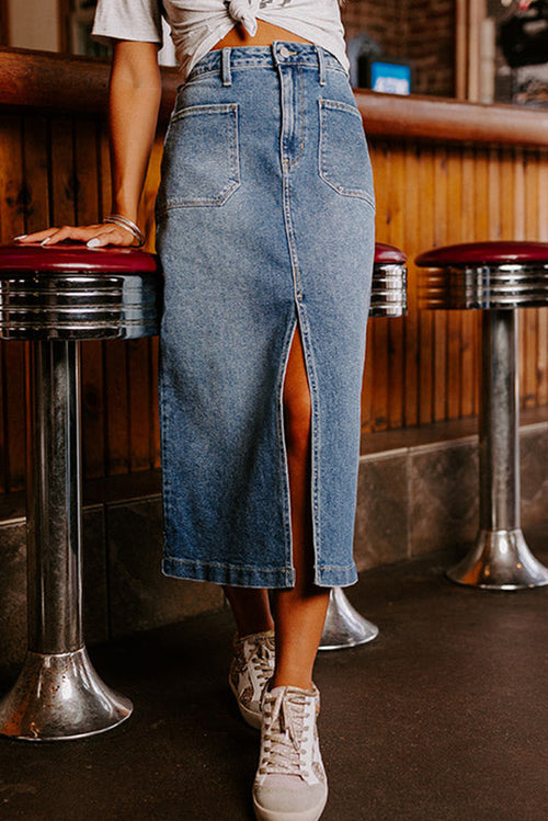 Effortlessly Chic Sky Blue Denim Midi Skirt