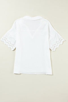 White Crinkled Lace Splicing Sleeve Collared V Neck Blouse