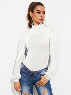 Elegant Turtleneck Backless Lantern Sleeves Bodysuit