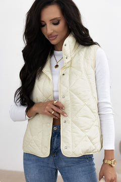 Beige Quilted High Neck Vest Coat with Pockets