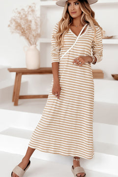 Elegant Khaki Striped V-neck Dress