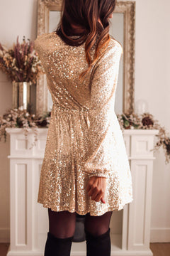 Apricot Sequin V-Neck Elegance Dress