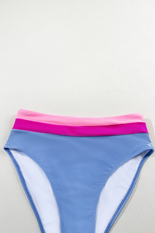 Light Blue Colorblock High Waisted Bikini Swimsuit