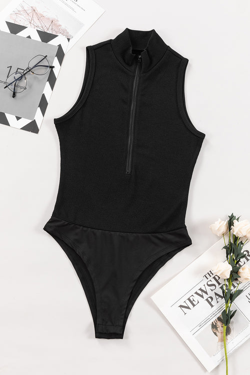 Sophisticated Black Zip-Up Sleeveless Bodysuit