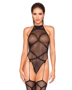 Sultry Goddess: Black Fishnet Garter Teddy