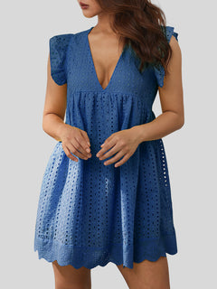 Eyelet Ruffled Mini Dress with Cap Sleeves