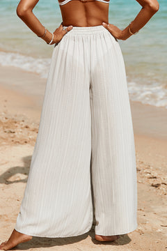 White Striped Printed Slit Wide Leg High Waist Pants