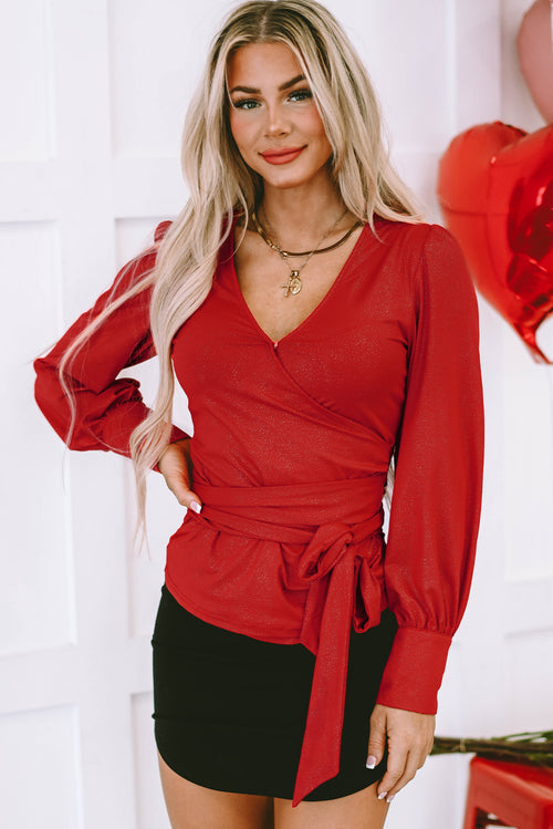 Fiery Red Glitter Wrap V Neck Tie Hem Puff Sleeve Blouse