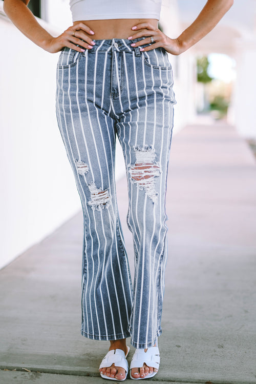 Sky Blue Striped Ripped Flare Jeans 🌟