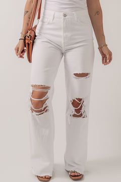 Edgy Vibes White Distressed Straight Leg Jeans