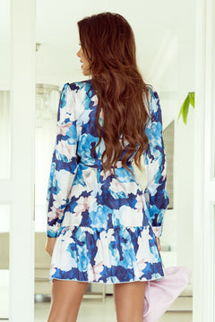 Blue Abstract Floral Ruffle Dress: Graceful Elegance