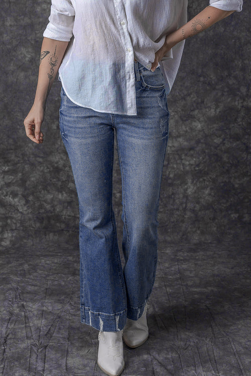 Sky Blue Distressed Flare Jeans: Retro-Chic Essential