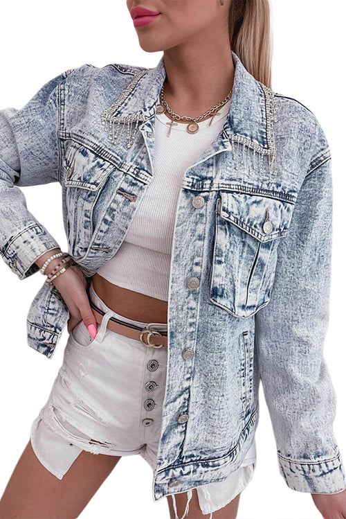 Mist Blue Rhinestone Fringed Denim Jacket