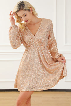 Apricot Sequin V-Neck Elegance Dress