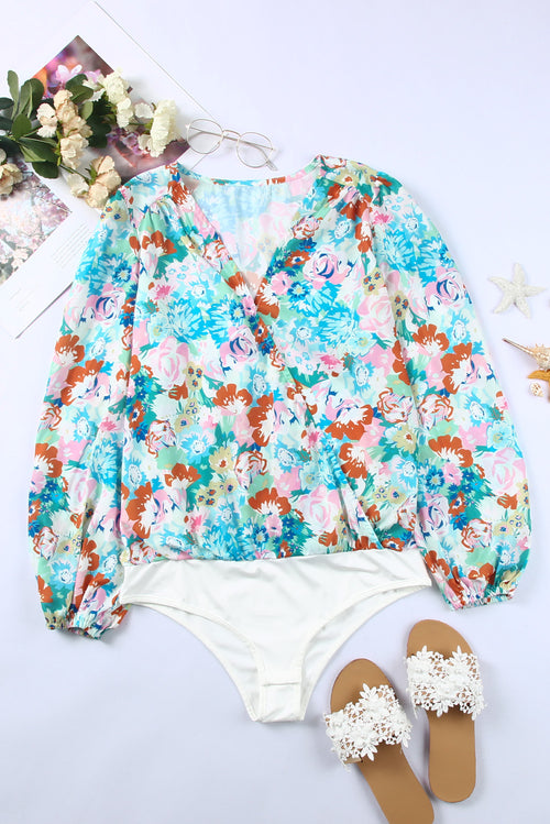 Elegant Sky Blue Floral Wrap Bodysuit