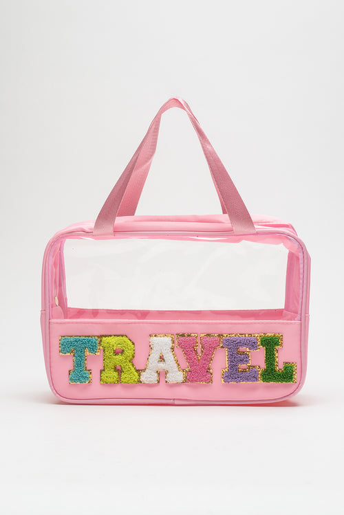 Black TRAVEL Chenille Letter Clear PVC Makeup Bag