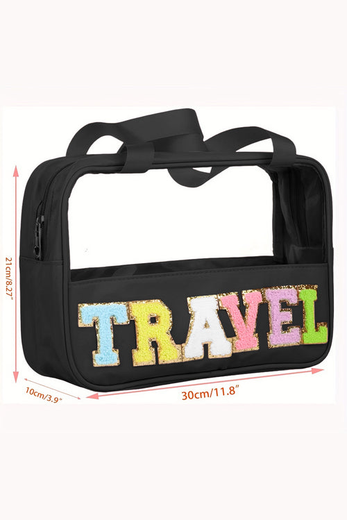 Black TRAVEL Chenille Letter Clear PVC Makeup Bag