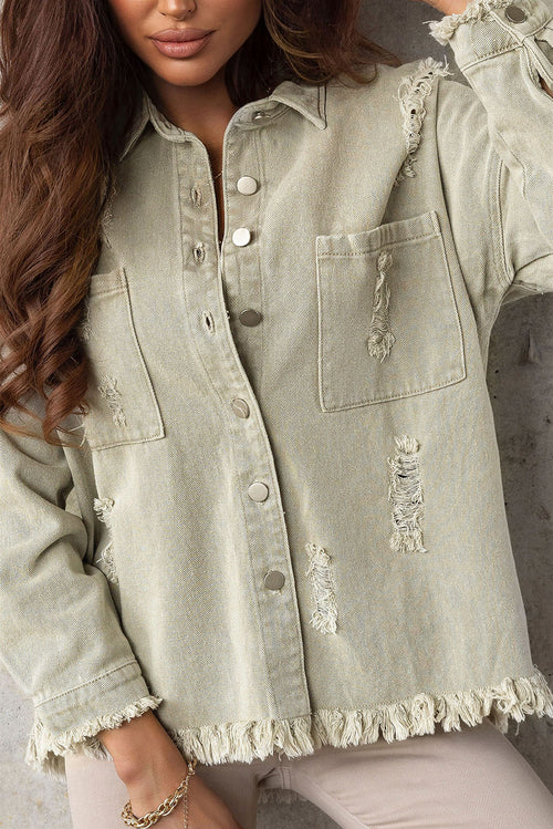 Green Distressed Denim Jacket with Fringe Trim