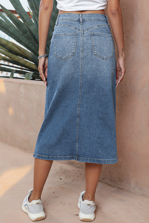 Effortlessly Chic Sky Blue Denim Midi Skirt