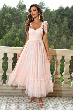 Elegant Tie-Shoulder Frill Dress with Sweetheart Neck