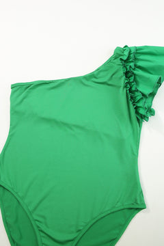 Green One-Shoulder Ruffle Sleeve Bodysuit