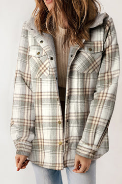 Snuggly Khaki Plaid Sherpa-Lined Hooded Shacket