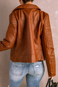 Chic Brown Ribbed Faux Leather Biker Jacket