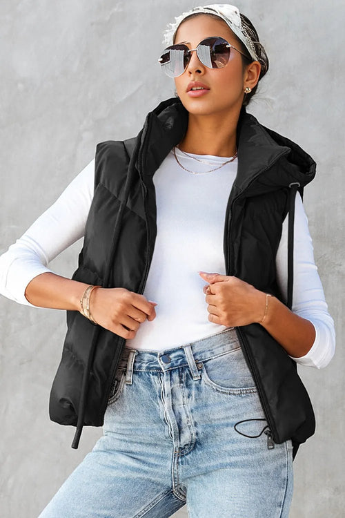 Black Sleek Quilted Puffer Hooded Vest Coat