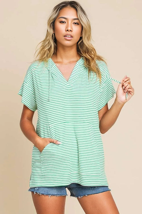 Luxurious Striped Short Sleeve Hooded Top