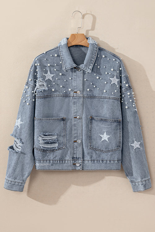 Sky Blue Distressed Pearls Star Cropped Denim Jacket