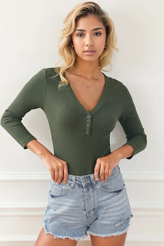 Green Waffle Henley Bodysuit: Effortless Elegance