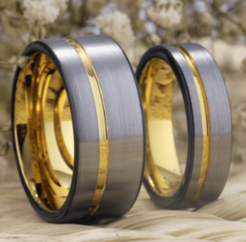 Elegant Grey & Gold Tungsten Wedding Bands