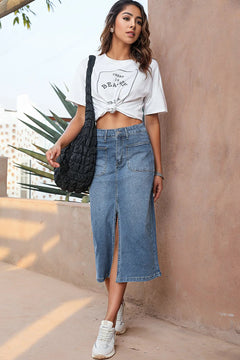 Effortlessly Chic Sky Blue Denim Midi Skirt