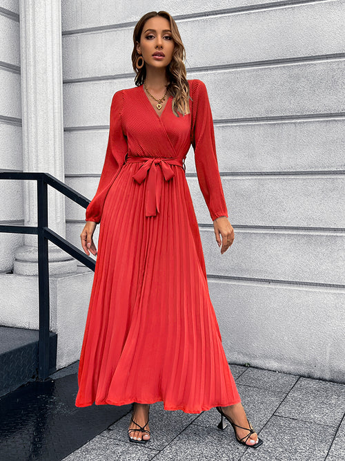 V-Neck Pleated Maxi Dress with Tie Waist