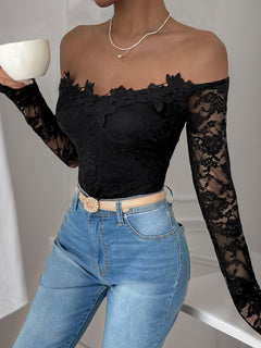 Perfee Lace Off-Shoulder Long Sleeve Bodysuit