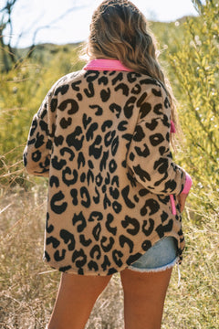 Chic Leopard Teddy Shacket with Contrast Trim